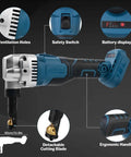 Cordless Nibbler 18V 3 Speed Adjustable 16 Gauge Sheet Metal Cutter with Brushless Motor and ergonomic handle features.