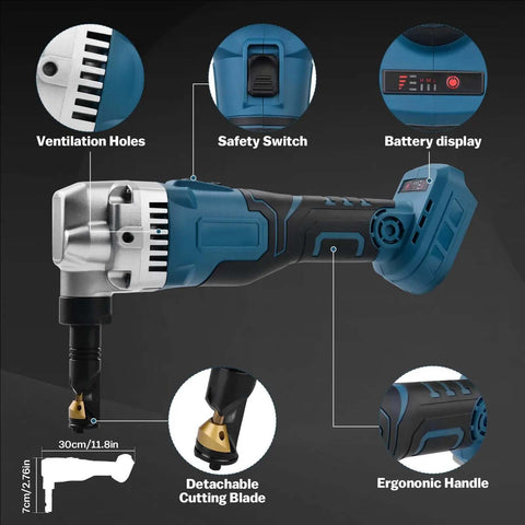 Cordless Nibbler 18V 3 Speed Adjustable 16 Gauge Sheet Metal Cutter with Brushless Motor and ergonomic handle features.