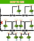 Diagram of 1/2 Inch Drip Irrigation Fittings Kit setup for plants, showing barbed tees, valves, and connectors in use.