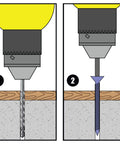Illustration showing installation of Beefy Combo Pack Of Star Drive Hex Washer Head Masonry Screws With 50 Pieces Including Driver Bit And Masonry Drill Bit, Five Sixteenth Inch By Two And One Quarter Inch Concrete Screws, Rust Resistant High Strength For Tough Installations, drilling into concrete and wood.