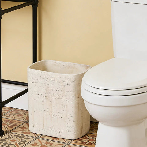 Natural Travertine Textures Tiny Trash Can 1.8 Gallon Bathroom Space Saver Garbage Bin beside toilet