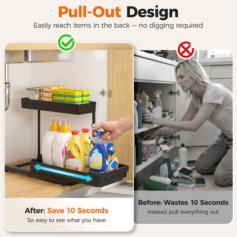 3 Pack L Shaped Under Sink Organizers With Real Smooth Glide Drawers To Toss The Clutter Out Of Deep Cabinets shown with pull-out design.