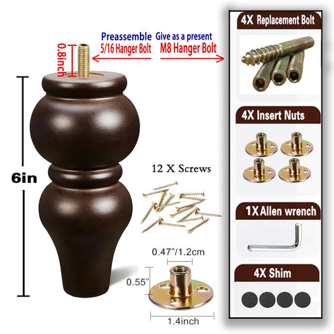 Six Inch Round Wood Sofa Legs Espresso Eucalyptus Finish Replacement Feet Set Of Four with bolts and hardware components