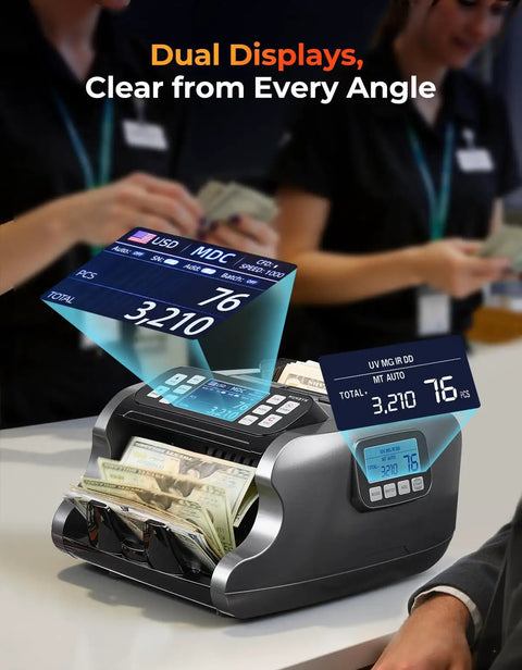 Mixed Denomination Money Counter With Multi Currency Support, Dual Display, UV IR MG Counterfeit Detection in use at counter
