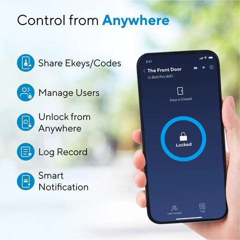 Phone displaying U-Bolt Pro WiFi Smart Lock app with remote control and access management features highlighted