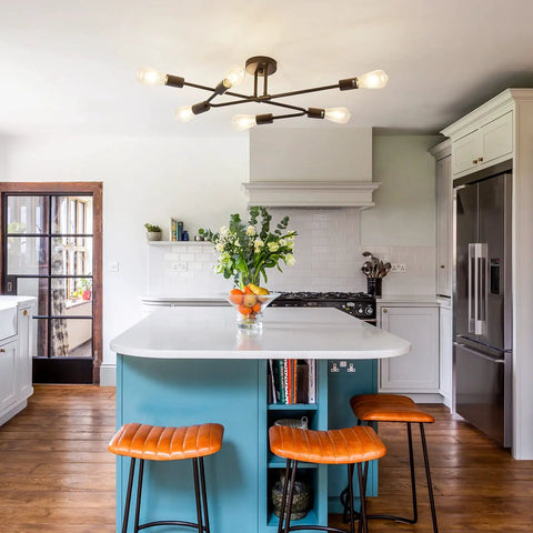 Kitchen with Six Light Vintage Sputnik Chandelier In Matte Black Metal Semi Flush Mount Ceiling Light Fixture For Dining Room Living Room And Bedroom Industrial Farmhouse Style With Modern Cozy Vibe