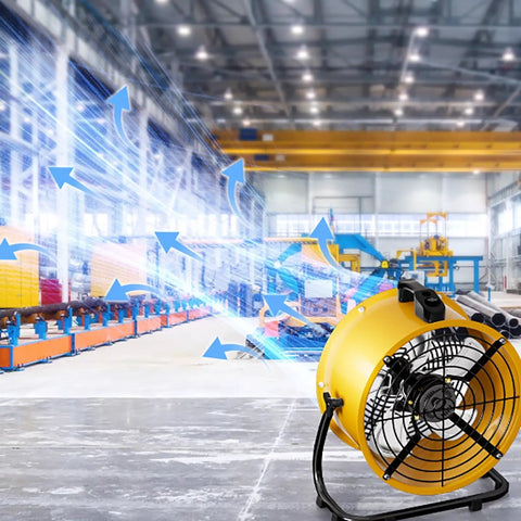 Heavy Duty Industrial Floor Drum Fan Rock Solid Steel Frame Kickin High Speed Airflow For Garage Workshop Jobsite And Warehouse Summer Cooling Operations in large warehouse.