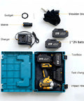 Beefy 21V Brushless Cordless Impact Wrench Kit With Half Inch Drive 600 Nm Torque Dual Lithium Ion Batteries Quick Charger And Hard Case Perfect For Off Road Vehicles Trucks SUVs And Everyday Maintenance components in open tool box, includes 21V batteries, charger, and accessories.