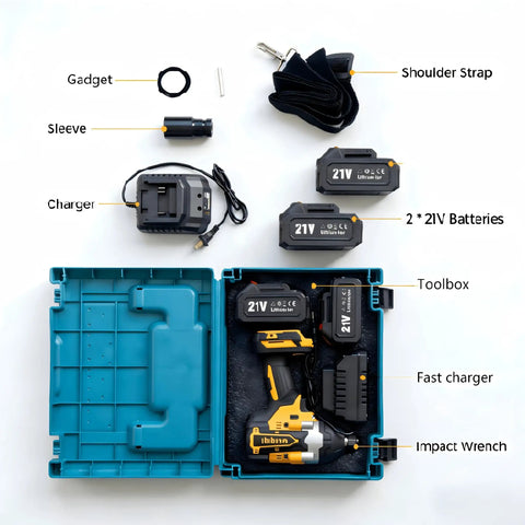 Beefy 21V Brushless Cordless Impact Wrench Kit With Half Inch Drive 600 Nm Torque Dual Lithium Ion Batteries Quick Charger And Hard Case Perfect For Off Road Vehicles Trucks SUVs And Everyday Maintenance components in open tool box, includes 21V batteries, charger, and accessories.
