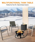 Outdoor scene with Propane Tank Hideaway Table For 20Lb Tank, stainless steel 15.7 inch black cover next to fire pit on patio.