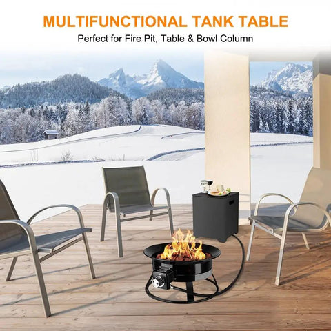 Outdoor scene with Propane Tank Hideaway Table For 20Lb Tank, stainless steel 15.7 inch black cover next to fire pit on patio.