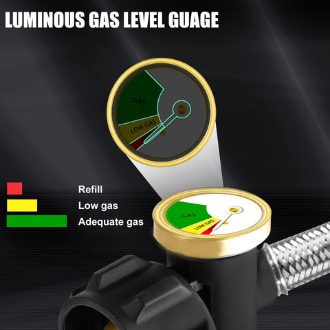 Luminous gas level gauge on 6 Ft Stainless Braided Propane Hose Adapter From 1 Lb To 20 Lb Tanks With Gauge For QCC1 Type 1 Connections