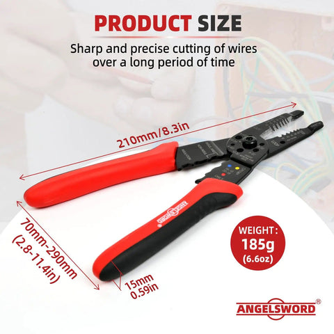 8 Inch Wire Stripper And Crimping Pliers Multi Function Tool with red ergonomic handle, 210mm size, weight 185g