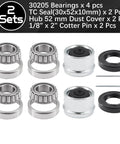 30205 trailer bearing kit with 4 bearings, 2 TC seals, 2 dust covers, and 2 cotter pins