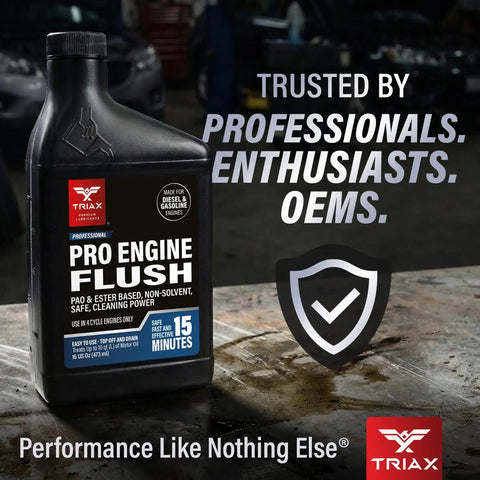 Oil Based Engine Flush Deep Clean Sludge Busting And Carbon Removal In The Oil System Non Solvent Formula Safe For Engine Seals And Injectors Pro Shop Grade Garage Ready 16 Oz 473 Ml bottle on workbench
