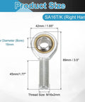 Two Pack SA16T K Rod End Bearings With 16mm Bore And M16x2mm Right Hand Male Thread Metric Self Lubricating Joint Ends Including Jam Nuts, size chart