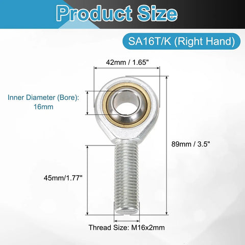 Two Pack SA16T K Rod End Bearings With 16mm Bore And M16x2mm Right Hand Male Thread Metric Self Lubricating Joint Ends Including Jam Nuts, size chart