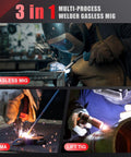 All In One MIG Welder With LED Display 110V Portable Gasless Welder in use for MIG, MMA, and Lift TIG welding processes