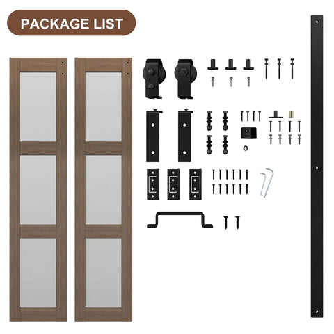 Bifold Glass Barn Door Kit 36 Inch With Hardware Included, Dope Three-Panel Glass Slab, Solid Wood Core, installation kit