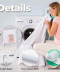 Woman using Large Shoe Dryer Bag for Sneakers with Zipper and Strap 15.7x15.7 Inch on washer door, highlighting features.
