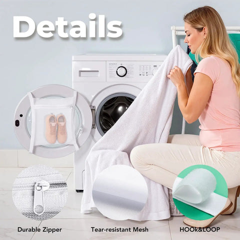 Woman using Large Shoe Dryer Bag for Sneakers with Zipper and Strap 15.7x15.7 Inch on washer door, highlighting features.