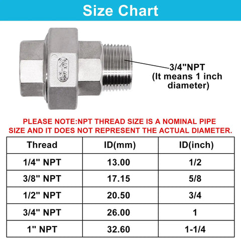 Two Piece Three Quarter Inch NPT Male To Three Quarter Inch NPT Female Union Cast Pipe Fittings In Premium 304 Stainless Steel with size chart
