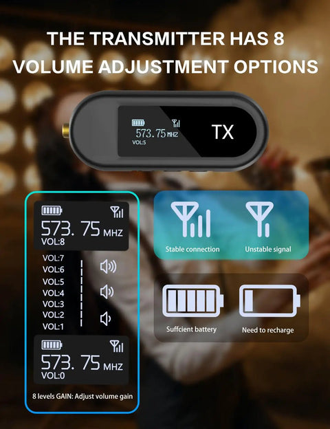 Wireless UHF Saxophone Microphone System With Clip On Instrument Mic For Sax And Trumpet, LCD display and controls