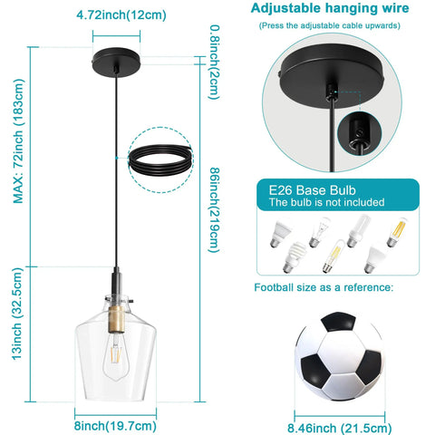 Modern Black And Gold Glass Pendant Light 2 Pack With Adjustable Height Cord For Kitchen Island Clear Round Shade E26 Socket dimensions and details