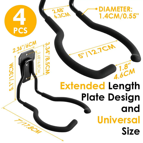 Heavy Duty Garage Hooks 4 Pack Wall Mount Rubber Coated Utility Hooks with dimensions and length plate design