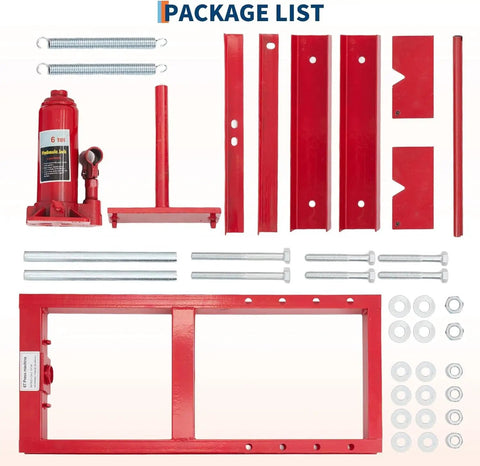 Heavy Duty H Frame Hydraulic Shop Press With Adjustable Table Red Garage Floor Press package list including hydraulic jack and frame components.