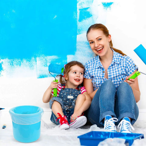 Mother and daughter painting with a bucket using 10 Pcs Paint Filter Strainer Bags White Fine Mesh For 5 Gallon Buckets Elastic Top Disposable Filter Bags for Painting No Mess Staining, Gardening And Plant Protection 250 Micron Mesh on floor.