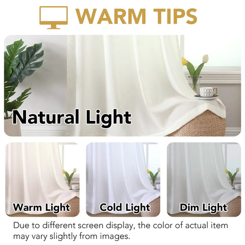 Beige Farmhouse Sheer Curtains 95 Inch Long For Living Room And Bedroom Cozy Light Filtering Semi Sheer Panels in different lighting
