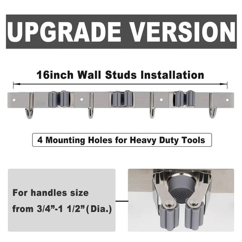 Heavy Duty Wall Mount Broom And Mop Holder With Four Racks And Five Hooks Built To Last Stainless Steel Wall Organizer close-up