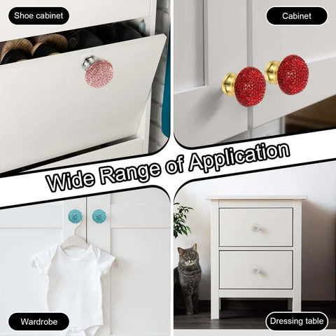 Game Changing 4 Pack Round Rhinestone Drawer Knobs With Bling Crystal Toppers And Shiny Gold Hardware for use on various cabinets.