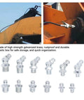 130 Piece Hydraulic Grease Fitting Kit With 12 SAE Zerk Nipples Galvanized Brass Labeled Storage Case shown in use on machinery