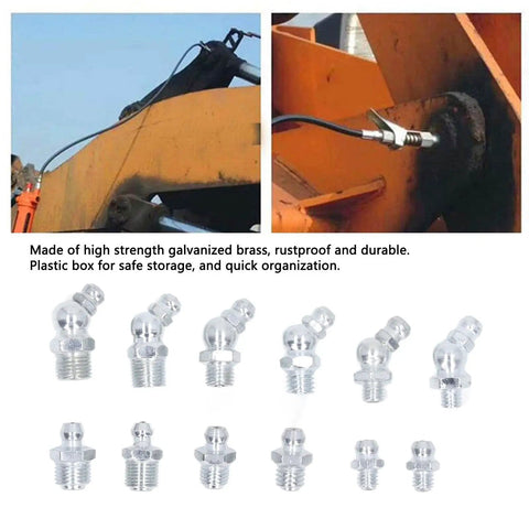 130 Piece Hydraulic Grease Fitting Kit With 12 SAE Zerk Nipples Galvanized Brass Labeled Storage Case shown in use on machinery
