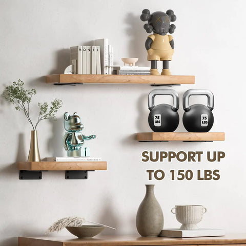 6 Pack Beefy Heavy Duty Shelf Brackets 6 Inch Floating L Shaped Wall Shelf Brackets installed, supporting 75 lb kettlebells
