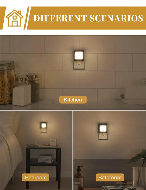 Plug In Wall Night Light Four Pack With Dusk To Dawn Sensor in kitchen, bedroom, and bathroom settings