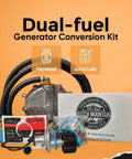 Honda EU2000i Propane And Gas Dual Fuel Conversion Kit for generators, showing hoses and instructions against an orange background.