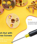 Rock Solid M10 Brad Hole Tee Nuts With Heavy Duty Carbon Steel T Nuts Flange Inserts And Matching Screws For Serious Round Base Mounting Hardware Jobs In A Massive 64 Piece Assortment Kit with screws on a yellow background.