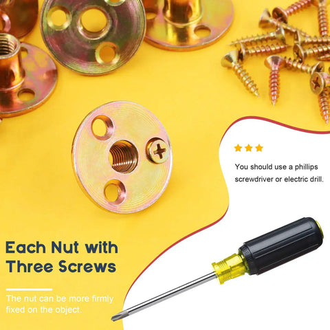 Rock Solid M10 Brad Hole Tee Nuts With Heavy Duty Carbon Steel T Nuts Flange Inserts And Matching Screws For Serious Round Base Mounting Hardware Jobs In A Massive 64 Piece Assortment Kit with screws on a yellow background.