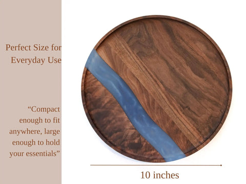 Solid Walnut Wood And Epoxy Resin Lazy Susan Turntable 10-inch round tray displaying blue resin and walnut wood design.