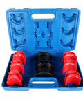 Motorcycle Fork Seal Driver Tool Kit 35-50mm Pro Grade Adjustable Adapters in blue case with red guides and black drivers