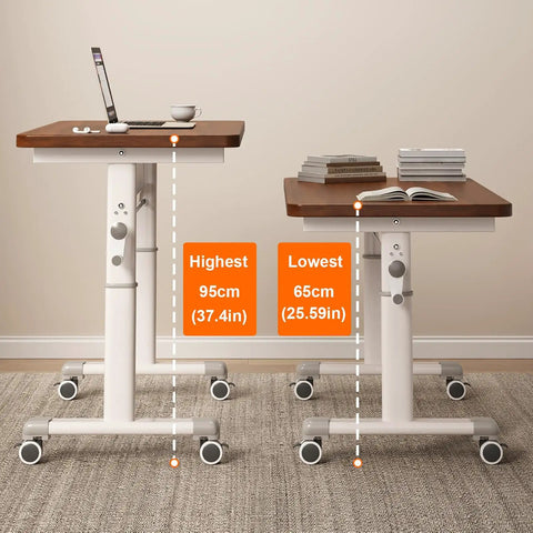 Adjustable Standing Desk With Manual Height Lift For Epic Home Office And Gaming Setup. 95cm and 65cm height options, white and wood finish.