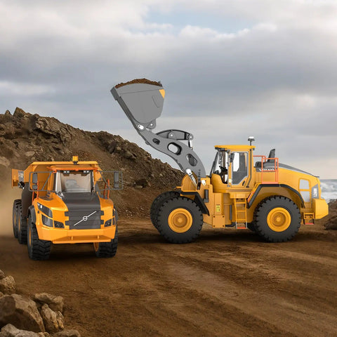 Volvo L260H Remote Control Wheel Loader 1:16 Scale 4WD with alloy bucket lifting earth on rocky terrain