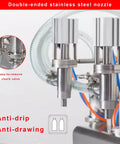 Close-up of double-ended stainless steel nozzle on a Top Shelf Double Head Pneumatic Piston Bottle Filler with anti-drip feature.