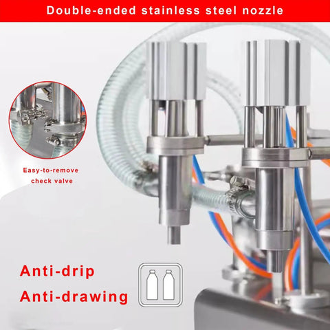 Close-up of double-ended stainless steel nozzle on a Top Shelf Double Head Pneumatic Piston Bottle Filler with anti-drip feature.
