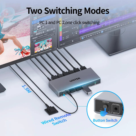 Dual Monitor KVM Switch For Two Computers With DisplayPort 4K 60Hz, Control One Keyboard And Mouse Across Two Screens, Fast Switching For Home Office, Gaming, And Professional Setups, Not Laptop Compatible; silver unit with wired remote and button switch