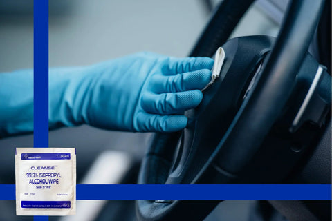 Front view of Cleanse 99.9% Isopropyl Alcohol Wipe packet, 5 x 6 inches, white with blue text