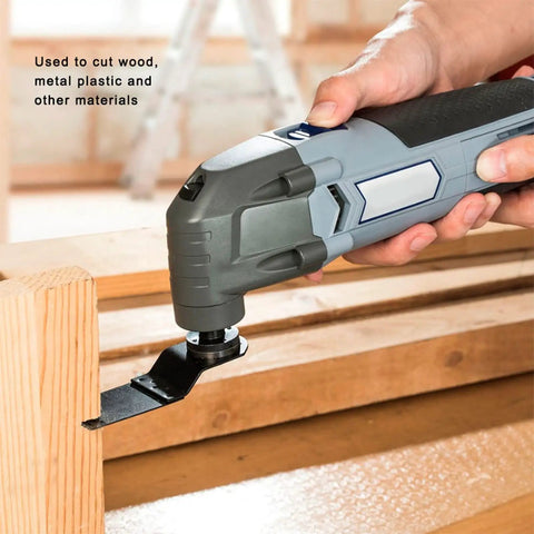 Universal Oscillating Saw Blades Set For Wood Metal Plastic High Carbon Steel 26 Pieces Multitool in action on wood